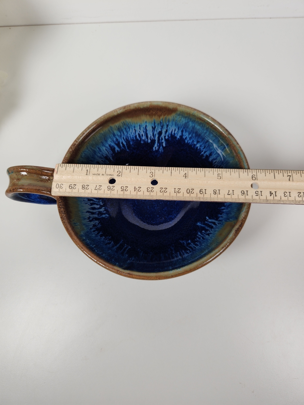 Vintage Signed Studio Pottery Bowl with Handle, Celestial Blue & Brown - Picture 7 of 10